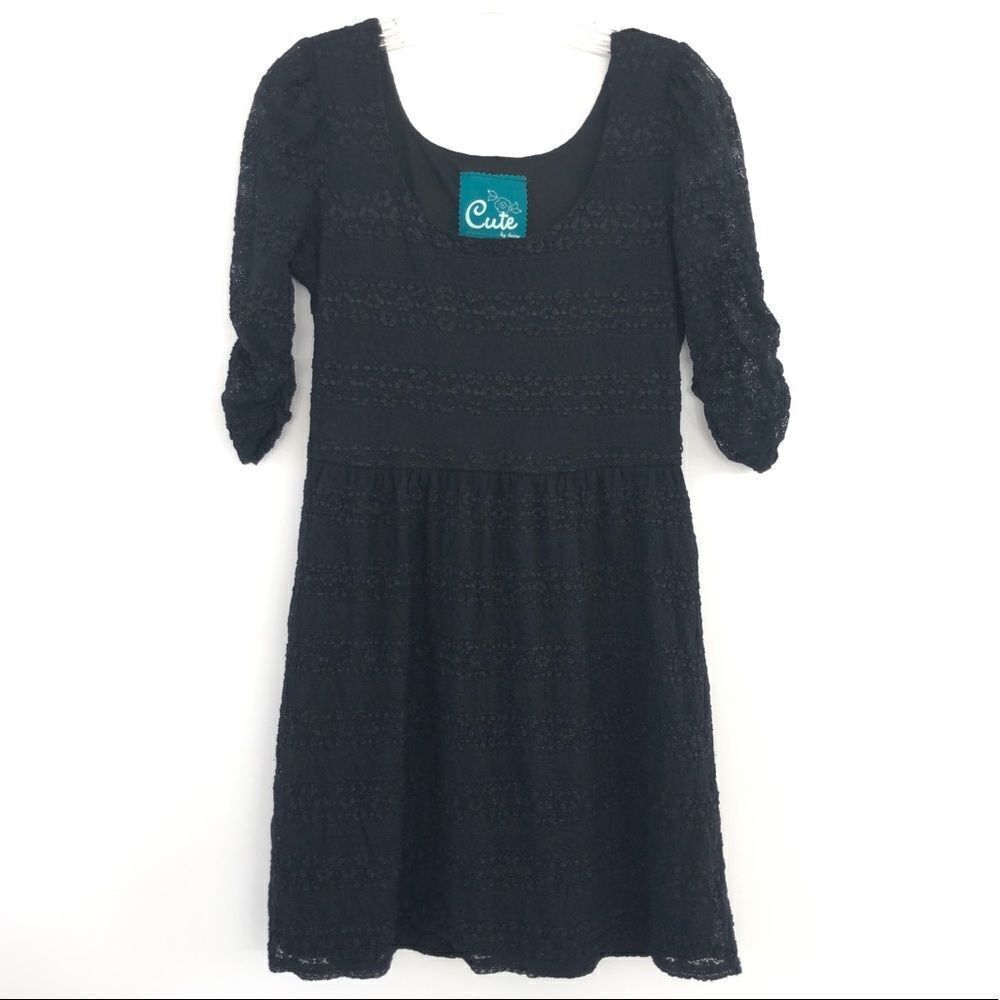 Cute by daisy Ruched Sleeve Scoop Neck Fit & Flare Lace Dress In Black Y2K Goth